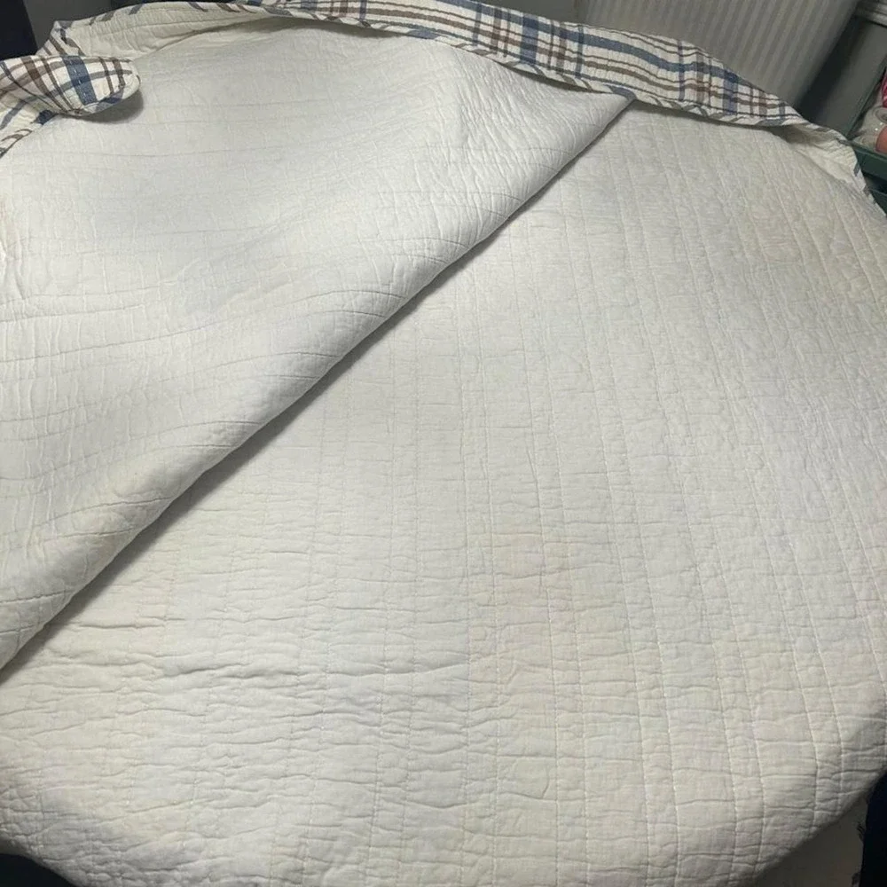 White Blue Plaid Quilt with Brown Stripes Reversible Farmhouse Bedding